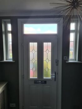 2. Oneway privacy safety combination film to bi-fold doors and bedroom glazing, privacy frost to door and surround in Whickham